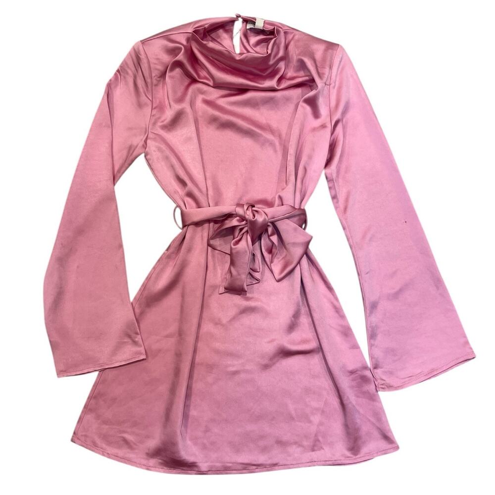 Pretty Lavish Jayda Pink Satin Cowl Neck Tie Waist Mini Dress